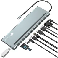Techly 365368 Stacja dokująca USB-C 12w1 HDMI DP VGA RJ45 USB-C/A PD 100W
