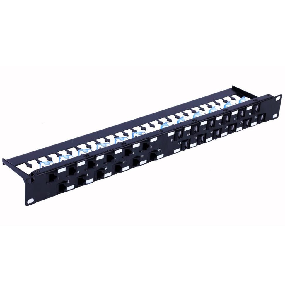 Patch panel 24x Keystone RJ45 Cat6a UTP, 1U, porty ukośne