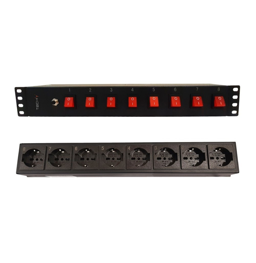 Listwa Rack 19 1.5U, 8x gniazdo UNEL tył, 8x wyłącznik przód