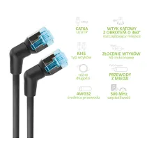 Patchcord Cat6a UTP 0,5m 100% CU obrotowy kątowy slim czarny